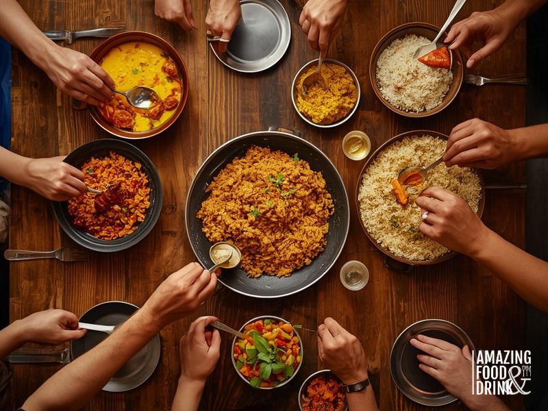 Variety of international rice dishes arranged on dining table showing global rice recipe diversity