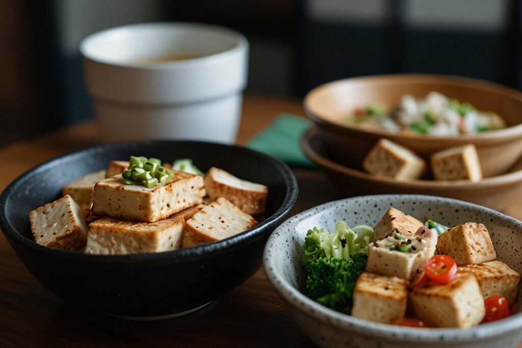 Three bowls with delicious tofu dishes, including grilled tofu cubes garnished with green onions, mixed vegetables, and soup, are set on a wooden table.