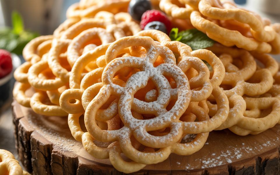 A close-up of powdered sugar-dusted Dairy-Free Funnel Cakes arranged on a wooden surface, with a few berries and mint leaves in the background.