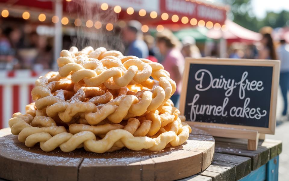A stack of twisted, golden Dairy-Free Funnel Cake sits on a wooden board next to a sign reading &ldquo;Dairy-free funnel cakes&rdquo; at an outdoor market.