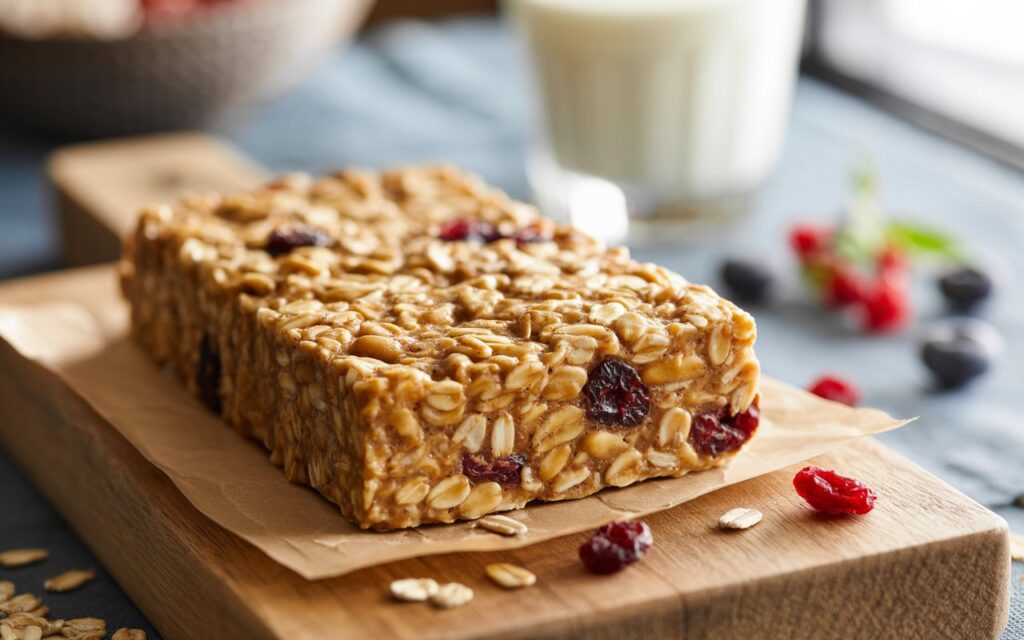 A close-up of a nut-free breakfast bar made with oats and dried fruit on parchment paper, with a glass of milk and scattered berries in the background.