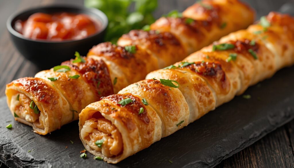 Two golden-brown, sliced Pizza Roll Appetisers filled with a savory mixture are served on a black slate plate, garnished with herbs, making for perfect finger food. A bowl of red dipping sauce sits in the background.
