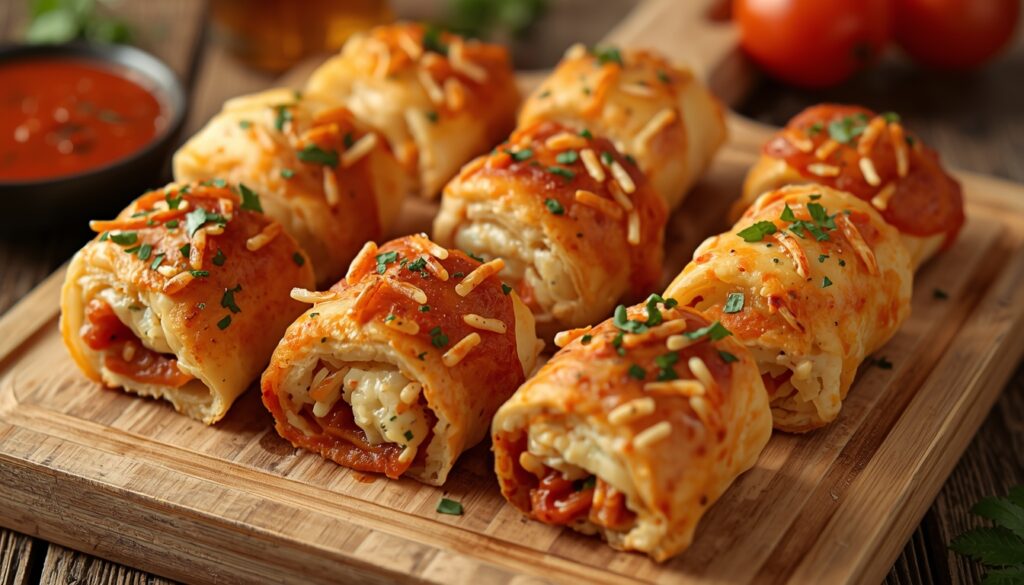 Baked pizza roll-ups filled with cheese and tomato sauce, topped with herbs and shredded cheese, make delightful Pizza Roll Appetisers and perfect finger food, served on a wooden board.