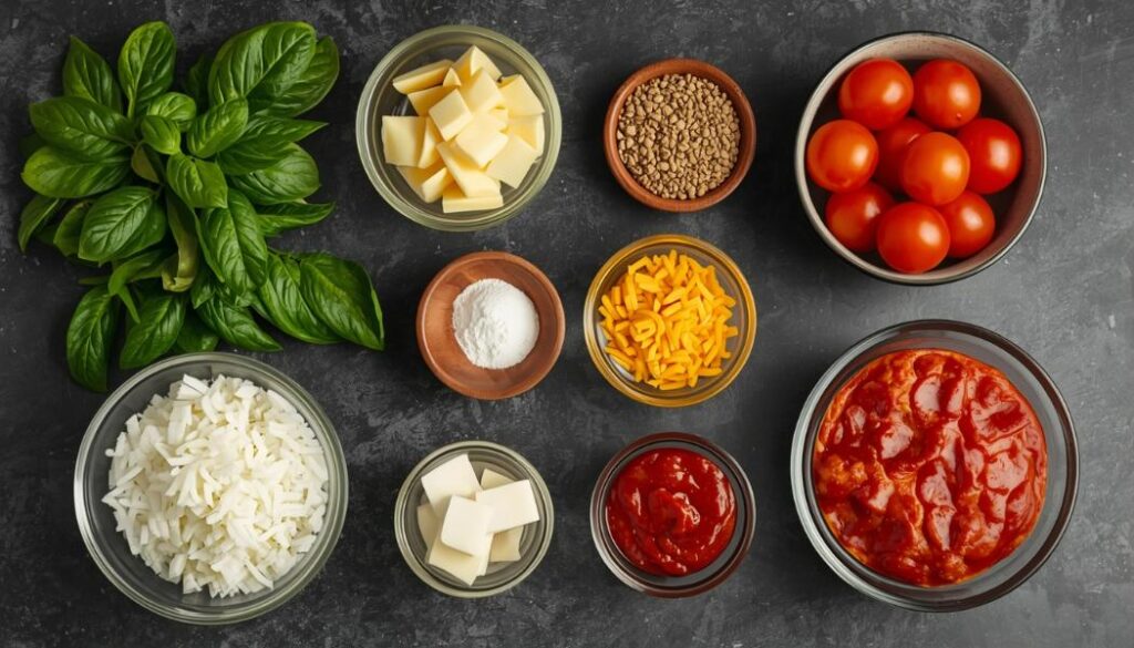 Assorted ingredients including fresh basil, tomatoes, rice, cubed cheese, shredded cheese, tomato sauce, spices, and seeds arranged on a dark surface&mdash;perfect for creating finger food like Pizza Roll Appetisers.