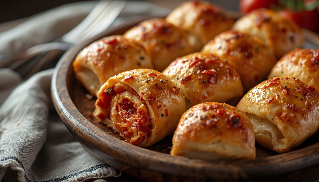 A wooden plate holds several golden-brown Pizza Roll Appetisers filled with tomato and herbs, with one piece partially unrolled to reveal its tasty pizza filling&mdash;perfect as finger food for any gathering.