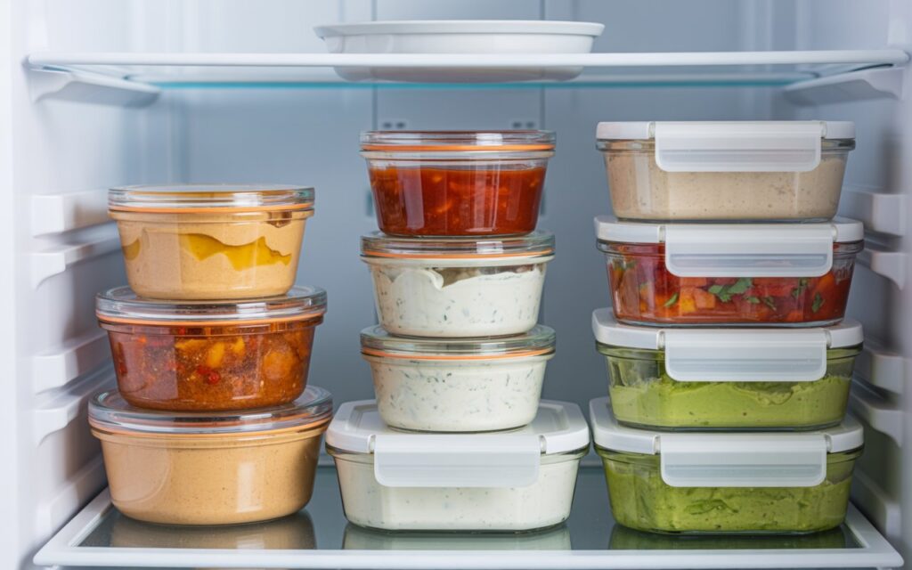 Glass containers with various sauces, meals, and Ritz Cracker Dip are neatly stacked on a shelf inside a refrigerator.