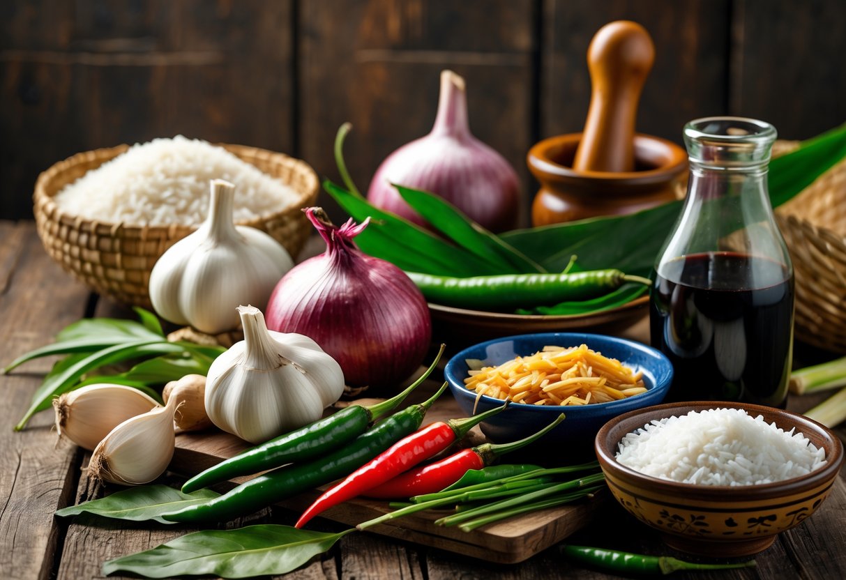 A wooden table displaying fresh garlic, red onions, ginger, green chili peppers, bay leaves, dried shrimp, vinegar, soy sauce, coconut milk, herbs, rice grains, and a mortar and pestle.