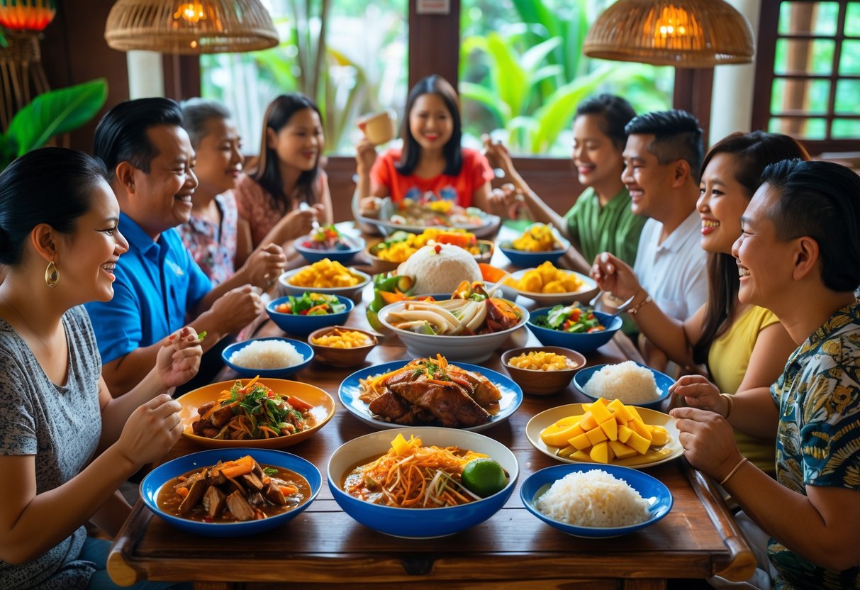 A group of Filipino people gathered around a wooden table enjoying a variety of traditional Filipino dishes in a bright dining room decorated with cultural elements.