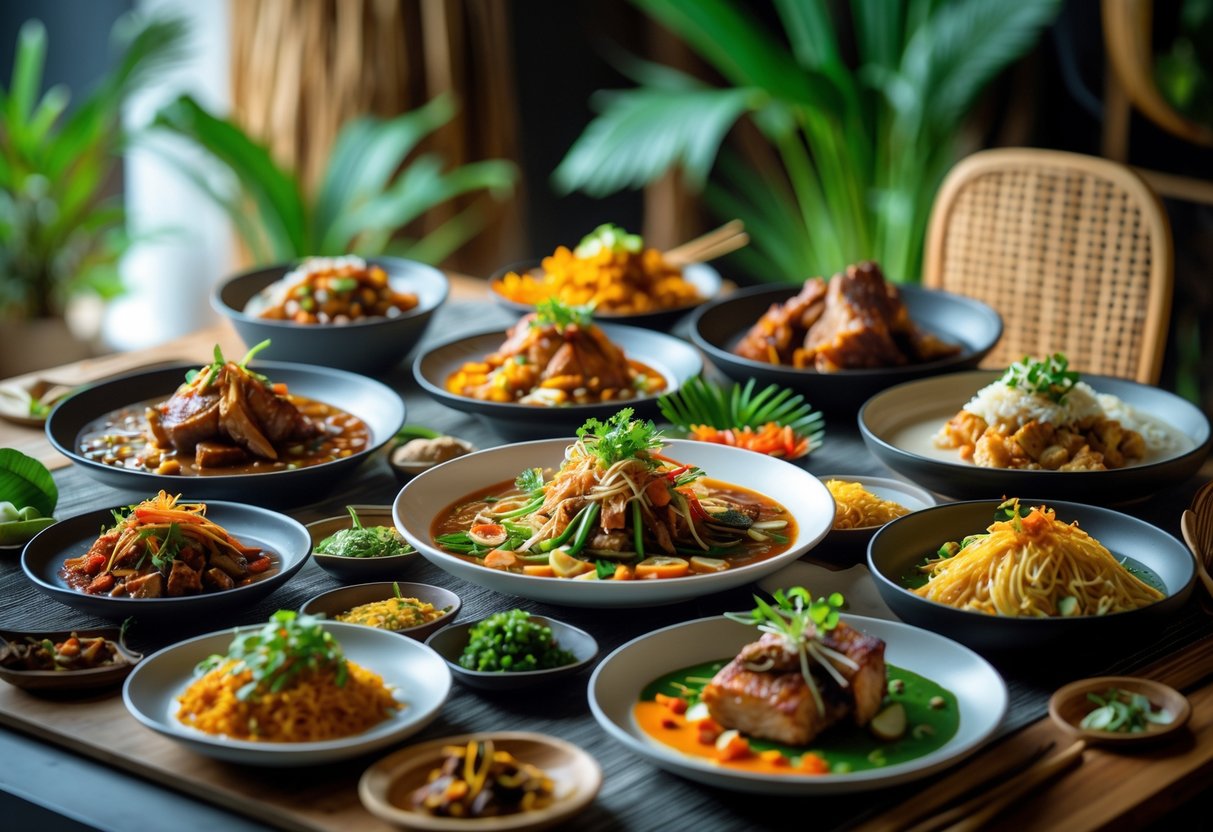 A dining table with various traditional Filipino dishes beautifully presented alongside elements of international cuisine in a warm, inviting setting.
