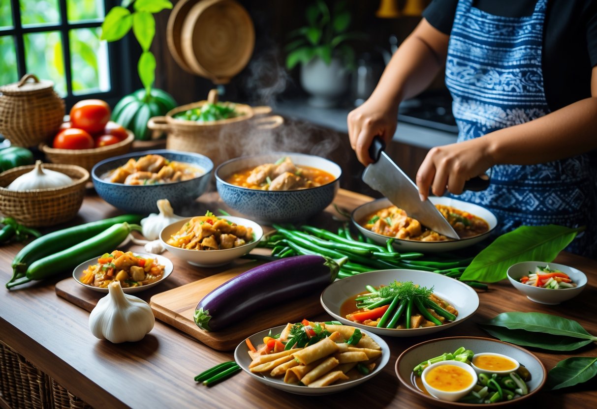 A home kitchen countertop with fresh ingredients and traditional Filipino dishes being prepared, showing hands chopping vegetables.