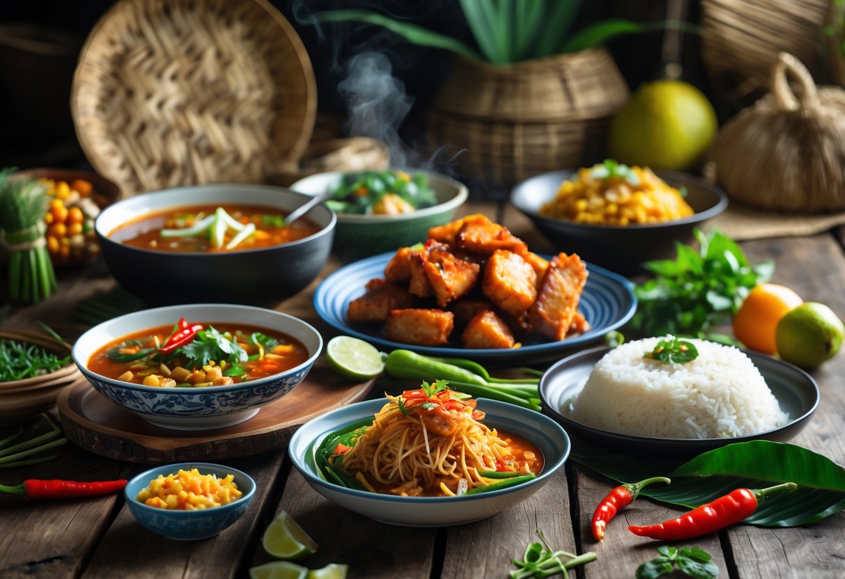 A table set with various traditional Filipino dishes including soup, fried pork, noodles, and rice, surrounded by fresh ingredients and cultural items.