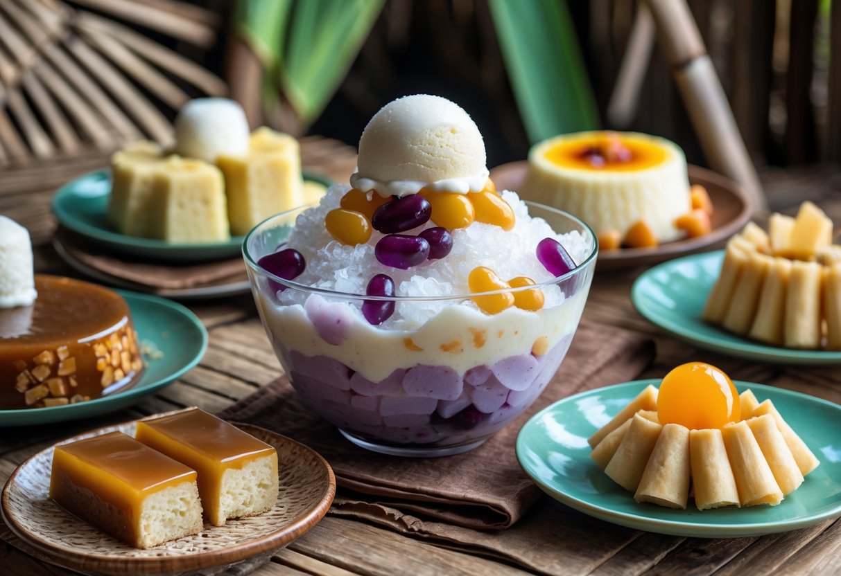 A table displaying a variety of traditional Filipino desserts including halo-halo, leche flan, puto, bibingka, and turon arranged with tropical leaves in the background.