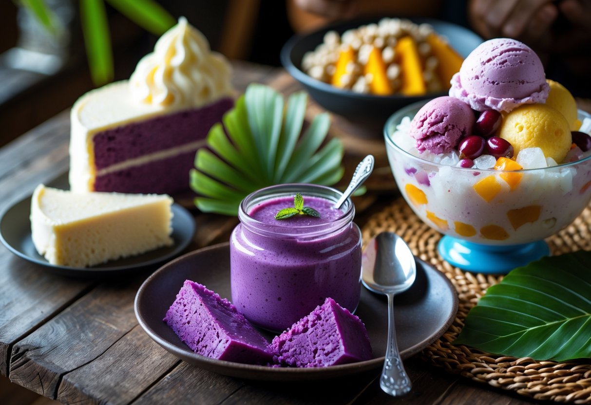 A table displaying traditional Filipino desserts including purple ube halaya in a jar, slices of ube cake, a bowl of halo-halo topped with ube ice cream and leche flan, set with tropical leaves and a woven placemat.
