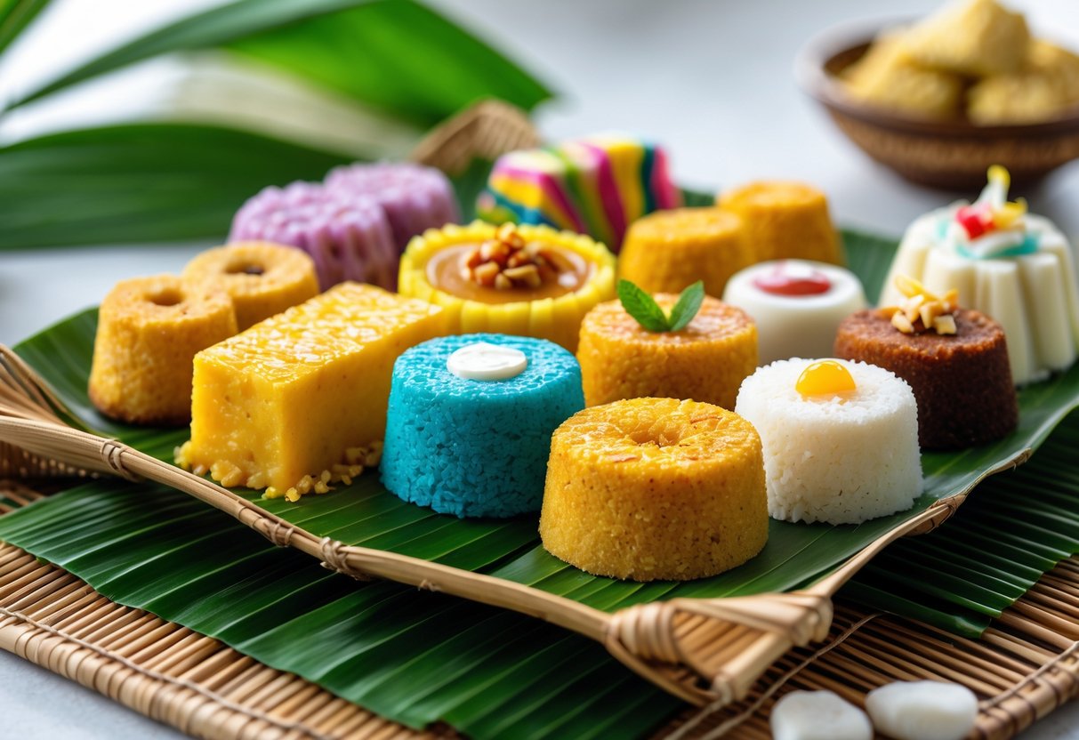 A variety of traditional Filipino rice cakes displayed on banana leaf trays with tropical decorations in the background.