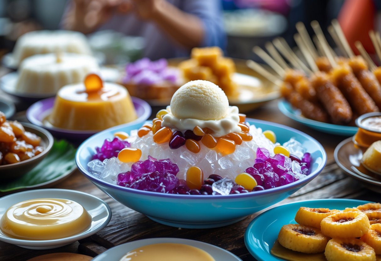 A table displaying various Filipino desserts including halo-halo, leche flan, fried banana fritters, and skewered sweet treats in a street food market setting.