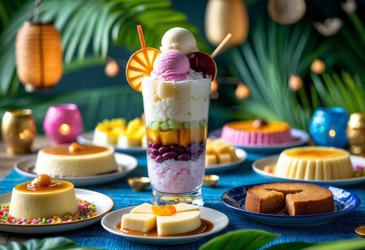 A table displaying a variety of traditional Filipino desserts including halo-halo, leche flan, puto, bibingka, and kutsinta, arranged with festive decorations.