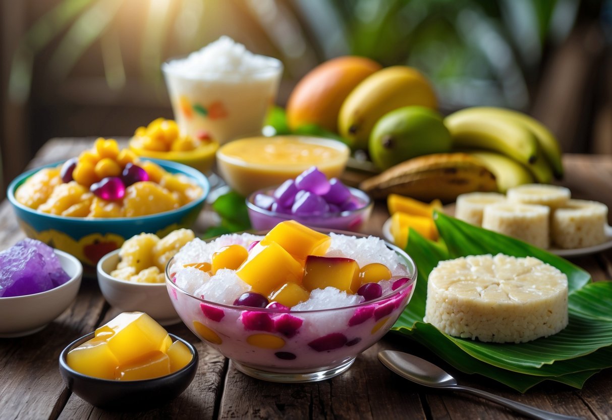 An assortment of traditional Filipino desserts including halo-halo, leche flan, cassava cake, and sticky rice wrapped in banana leaves on a wooden table with tropical fruits nearby.