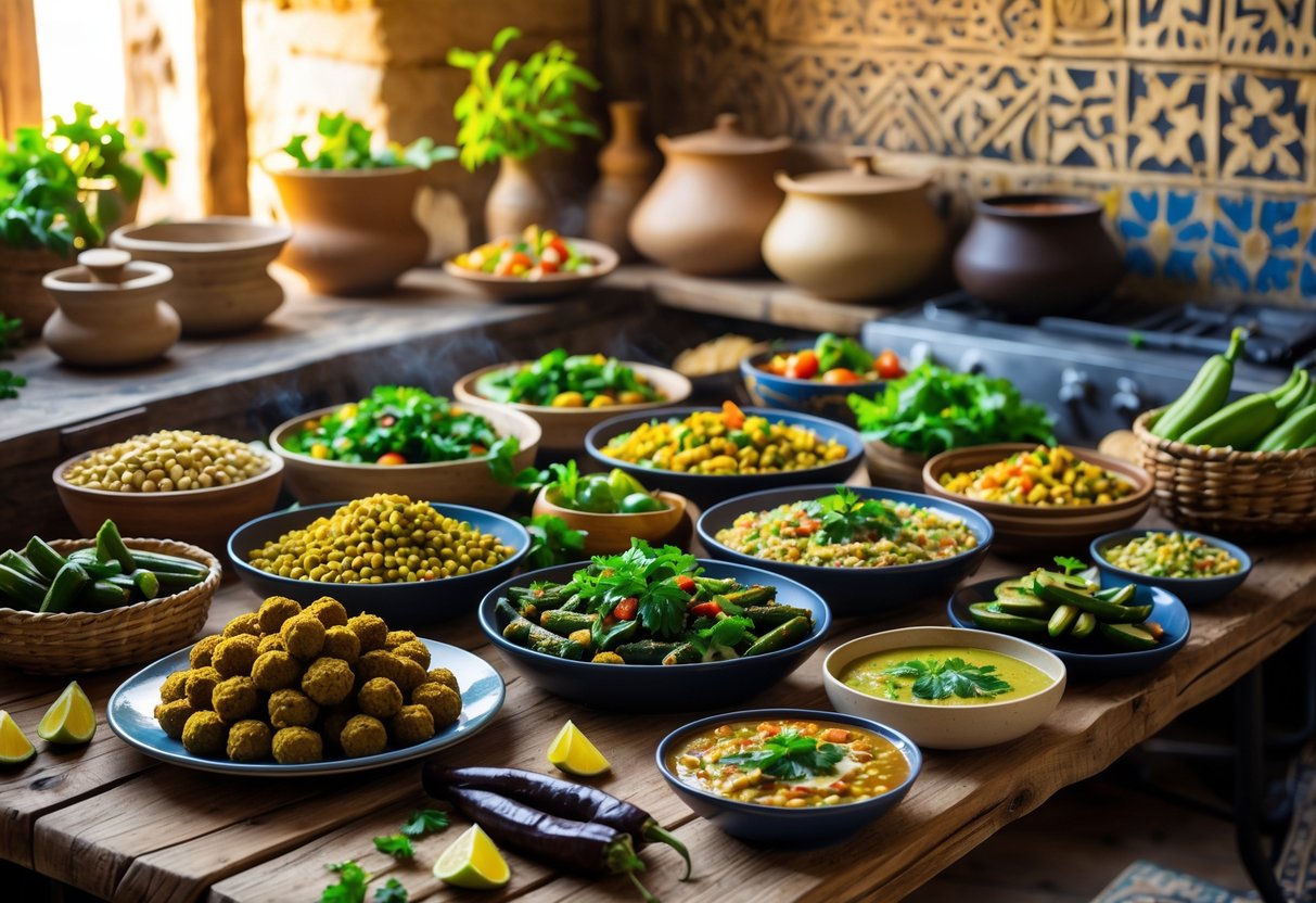 A table displaying a variety of colourful traditional Egyptian vegetarian dishes with fresh vegetables and rustic kitchen items in the background.