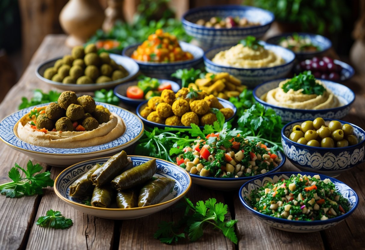 A table set with a variety of traditional Egyptian vegetarian dishes including hummus, falafel, stuffed grape leaves, olives, and fresh herbs.