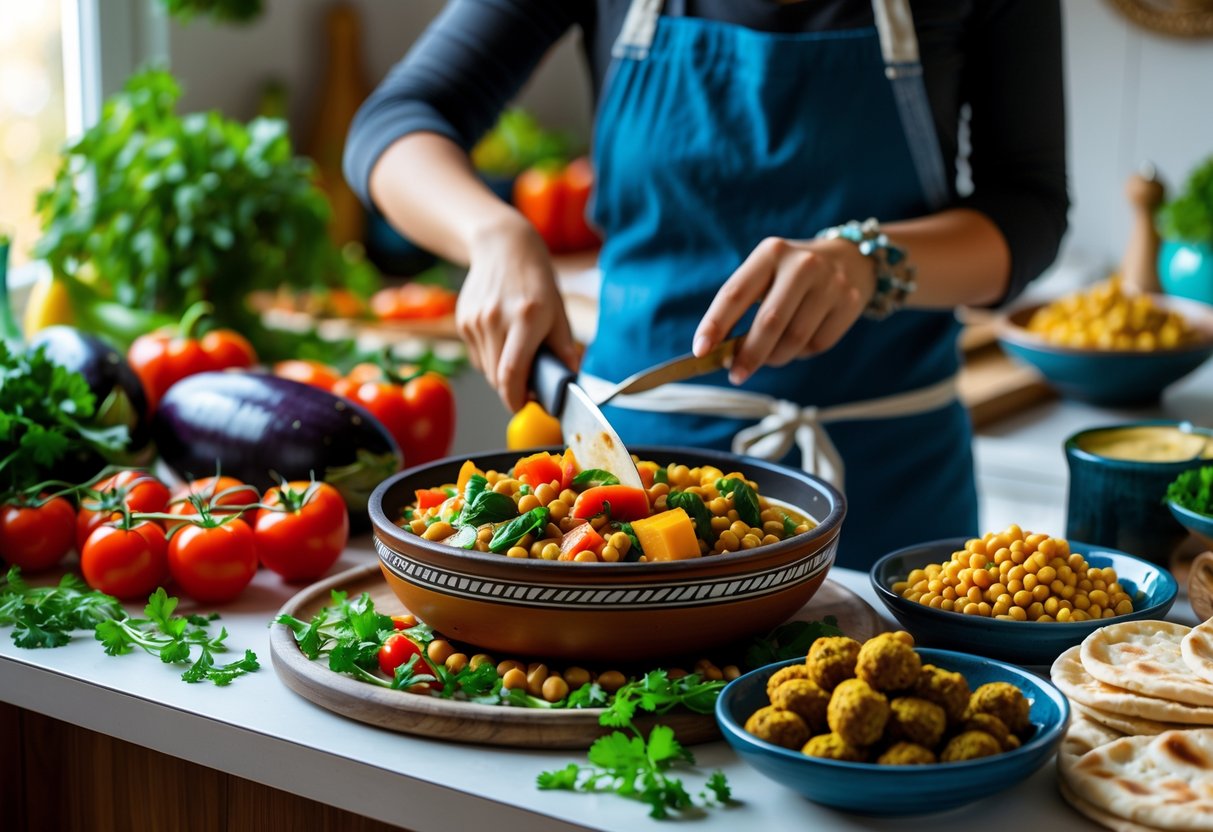 Person cooking traditional Egyptian vegetarian dishes with fresh vegetables and herbs in a bright kitchen.