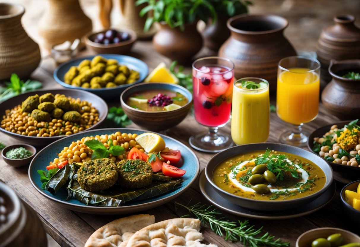 A table set with traditional Egyptian vegetarian dishes and glasses of plant-based drinks, including hibiscus tea and fruit juices.