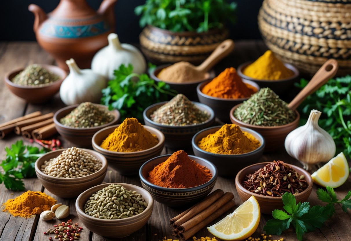 A variety of Egyptian spices and fresh ingredients arranged on a wooden table with traditional pottery in the background.