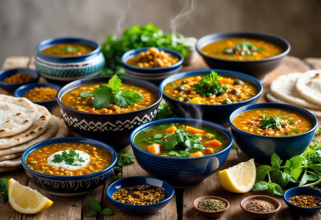 A variety of steaming Egyptian soups in bowls on a wooden table with flatbreads, lemon wedges, and herbs.