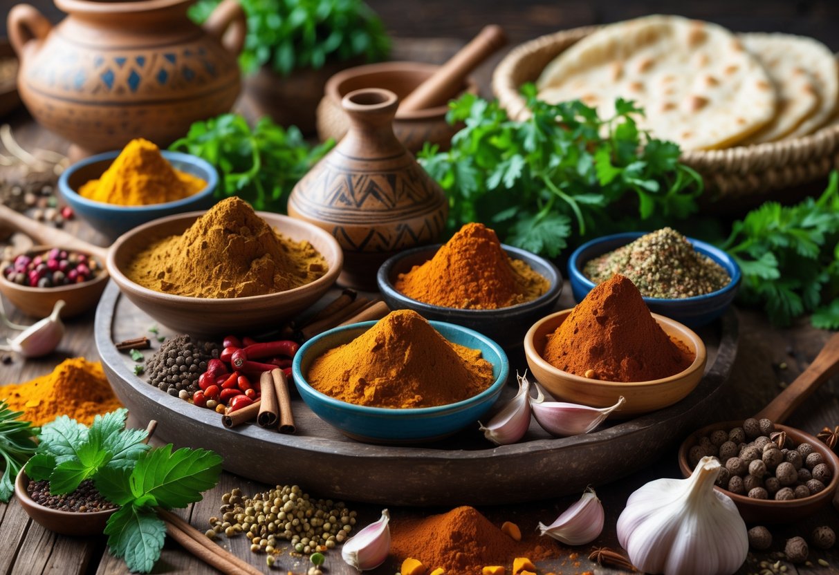 A variety of Egyptian spices and fresh herbs arranged on a wooden surface with traditional cooking items in the background.