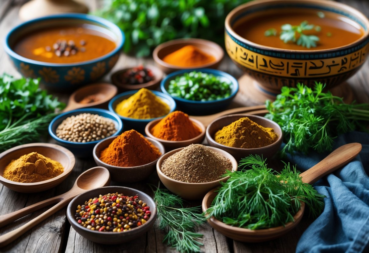 A variety of spices and fresh herbs arranged on a wooden table next to a bowl of steaming Egyptian soup.