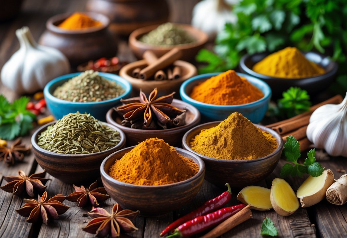 A display of various Egyptian spices and fresh herbs arranged on a wooden surface.