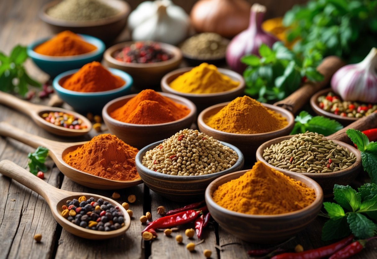 A collection of various Egyptian spices and herbs arranged in bowls and on a wooden surface.