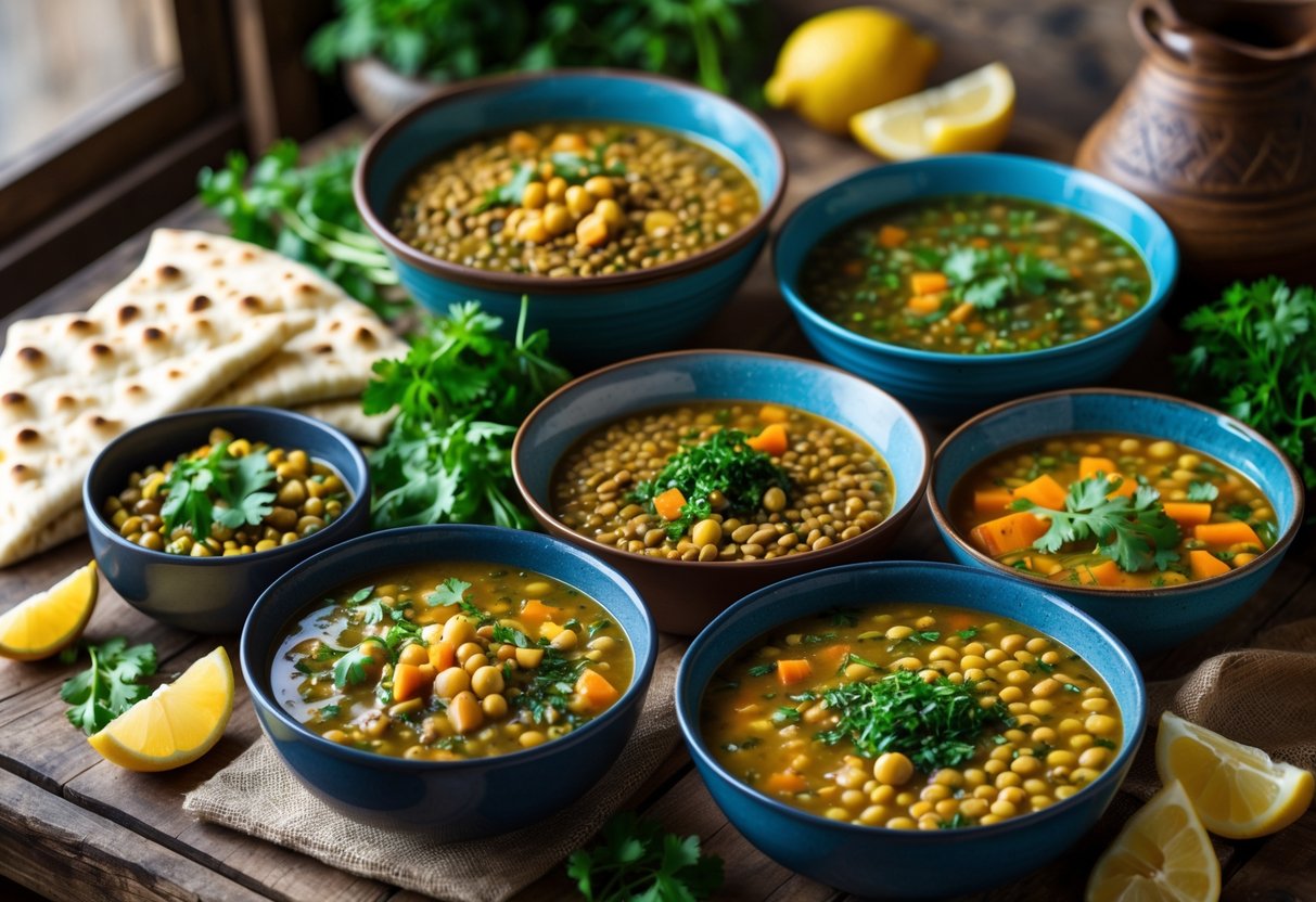 Several bowls of traditional Egyptian soups with fresh herbs and flatbread on a wooden table.