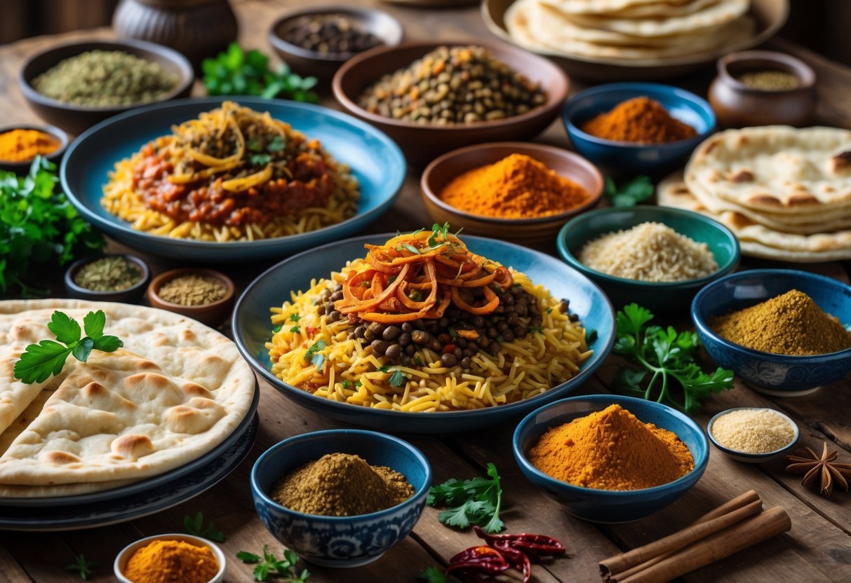 A table displaying traditional Egyptian dishes with bowls of spices and fresh herbs arranged around them.