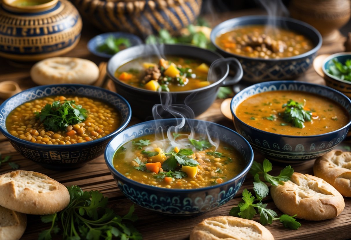 Bowls of steaming Egyptian soups on a wooden table with bread and herbs, set in a warm, inviting environment.
