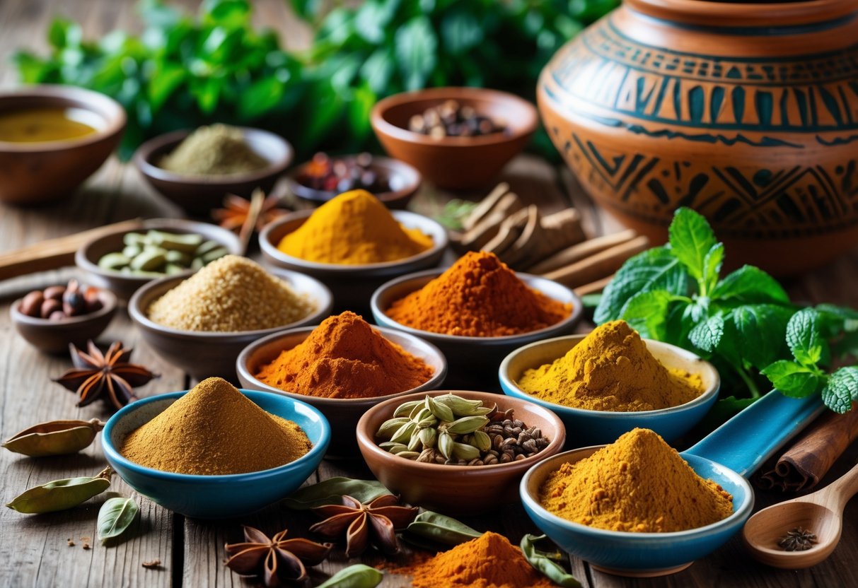A wooden table with colourful bowls of Egyptian spices, fresh herbs, and traditional cooking ingredients arranged neatly.
