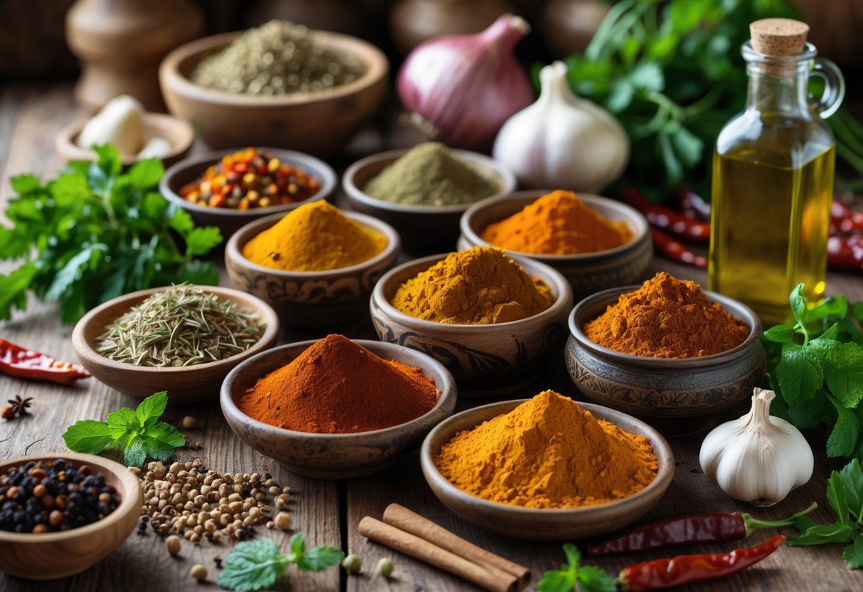 A wooden table displaying various Egyptian spices in bowls and jars alongside fresh herbs and cooking ingredients.