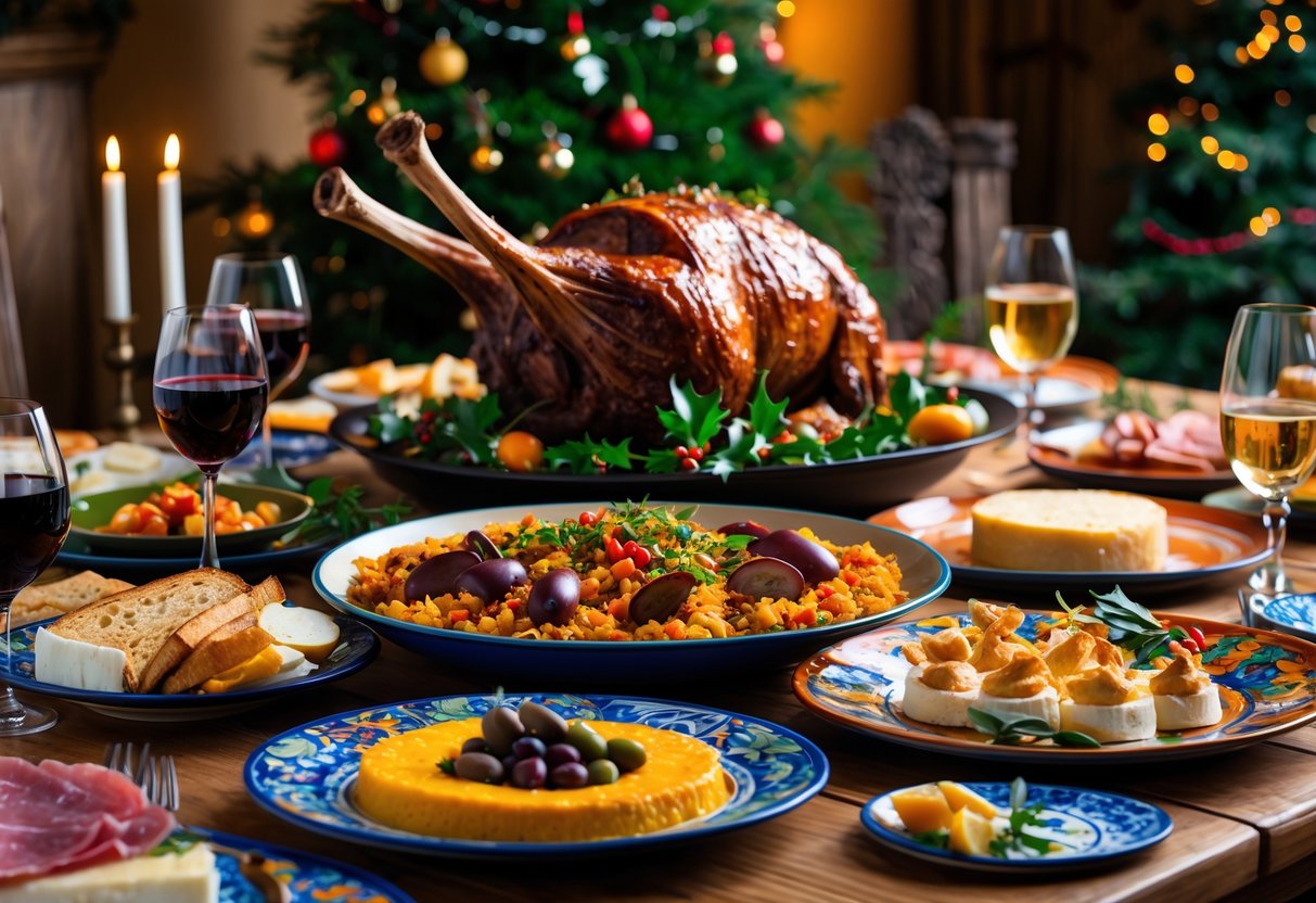 A table set with traditional Spanish Christmas foods including roasted lamb, seafood paella, tapas, and festive sweets, with a decorated Christmas tree in the background.