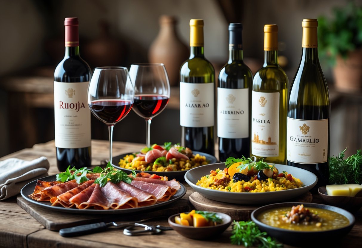 A wooden table with glasses and bottles of Spanish wine paired with traditional regional dishes including tapas, paella, manchego cheese, and gazpacho.