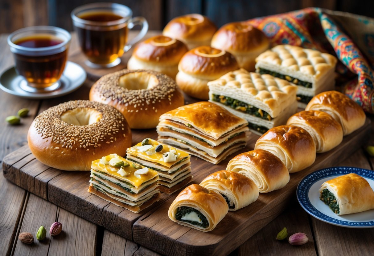 A variety of Turkish breads and pastries displayed on a wooden table alongside a glass of Turkish tea.