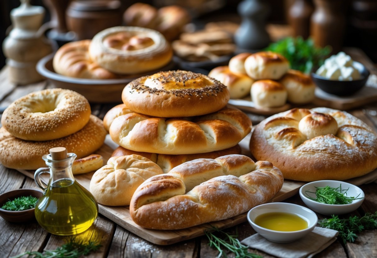 A variety of traditional Turkish breads and pastries arranged on a wooden table with small dishes of olive oil, herbs, and cheese.