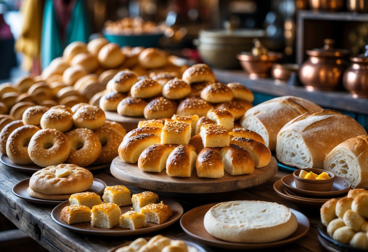 A variety of traditional Turkish breads and pastries displayed on wooden tables with ceramic plates, set in a warm, lively environment suggesting a market or kitchen.