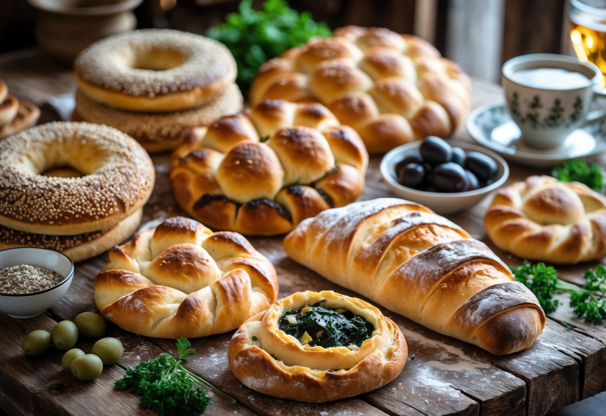 An assortment of traditional Turkish bread and pastries displayed on a wooden table with small bowls of olives, fresh herbs, and a cup of Turkish tea.