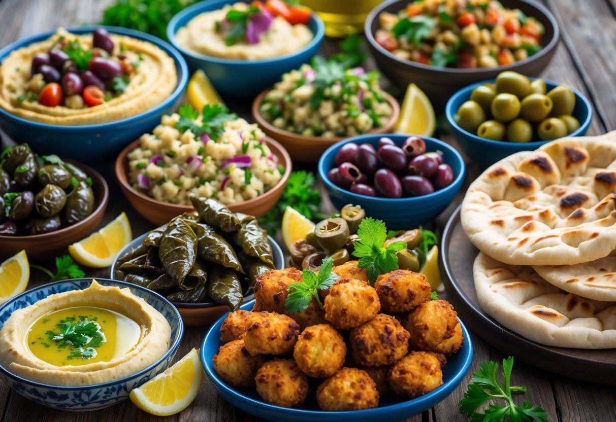 A table with a variety of Turkish cold and hot starters including dips, stuffed grape leaves, falafel, fried calamari, olives, and pita bread, garnished with fresh herbs and lemon wedges.