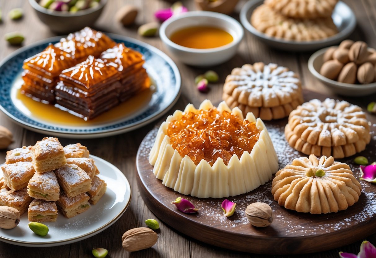 An assortment of Middle Eastern sweets including baklava, kunafa, and maamoul arranged on plates with nuts and rose petals on a wooden table.