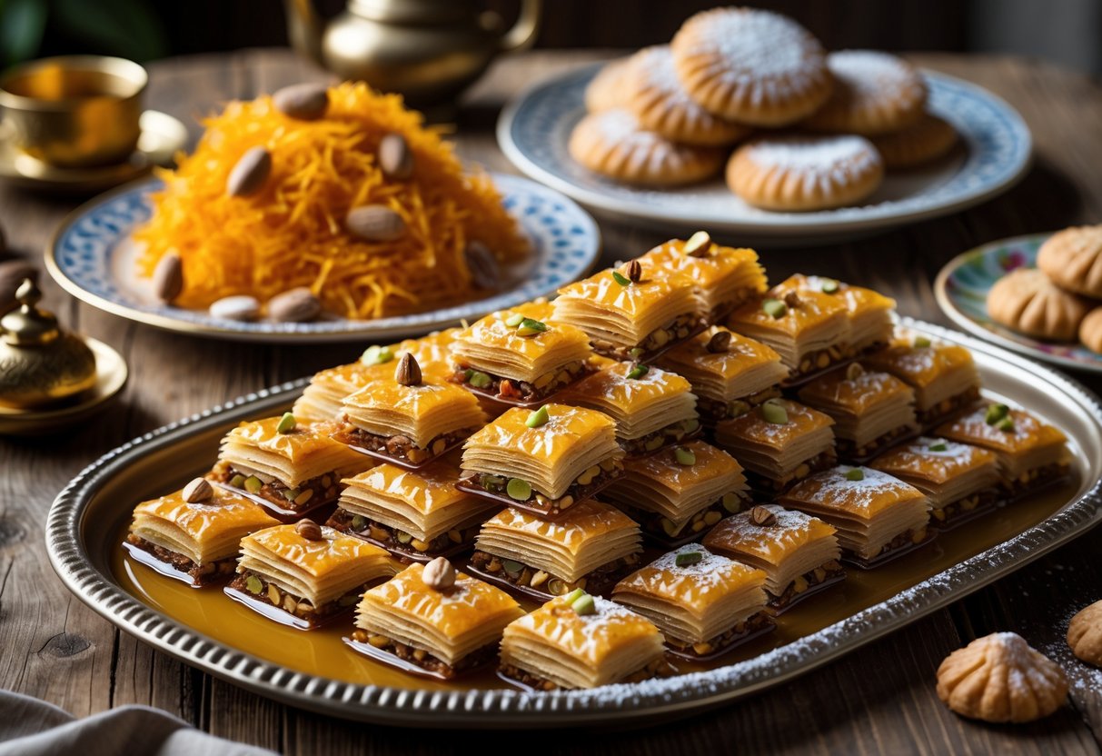 A tray of baklava surrounded by plates of kunafa and maamoul on a wooden table with a brass teapot and patterned plate in the background.