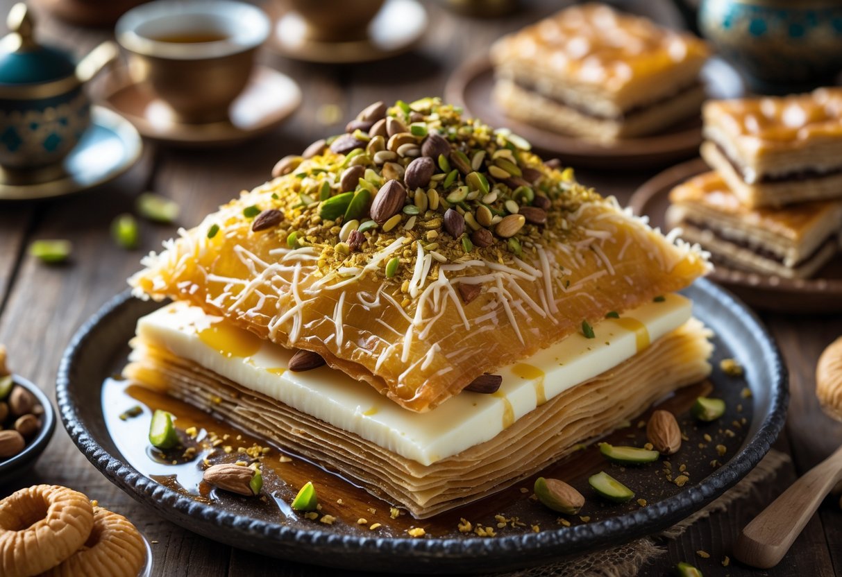 A close-up of a golden kunafa dessert topped with crushed pistachios, surrounded by baklava and maamoul on a wooden table with a traditional tea set in the background.