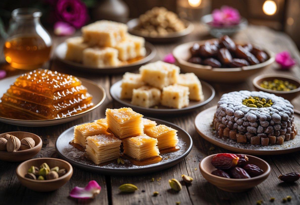 A selection of traditional Middle Eastern desserts including baklava, kunafa, and maamoul arranged on a wooden table with bowls of honey and nuts.