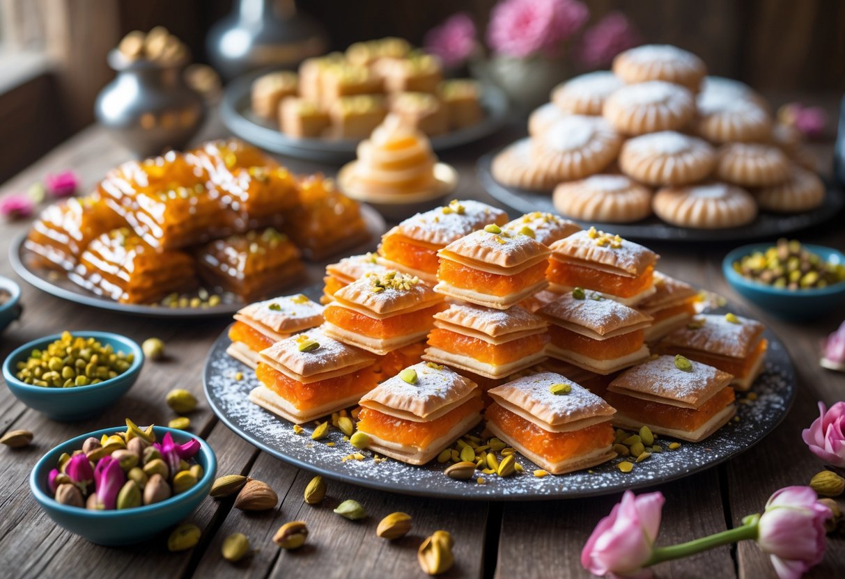 A selection of Middle Eastern desserts including baklava, kunafa, and maamoul arranged on a wooden table with bowls of pistachios and rose petals.