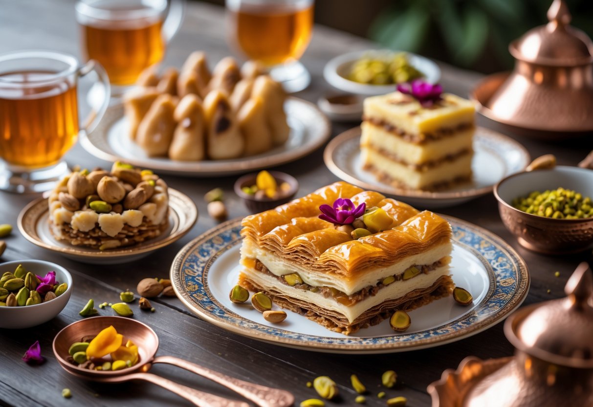 A table set with Middle Eastern desserts including baklava, kunafa, and maamoul, accompanied by glasses of tea and decorative serving items.