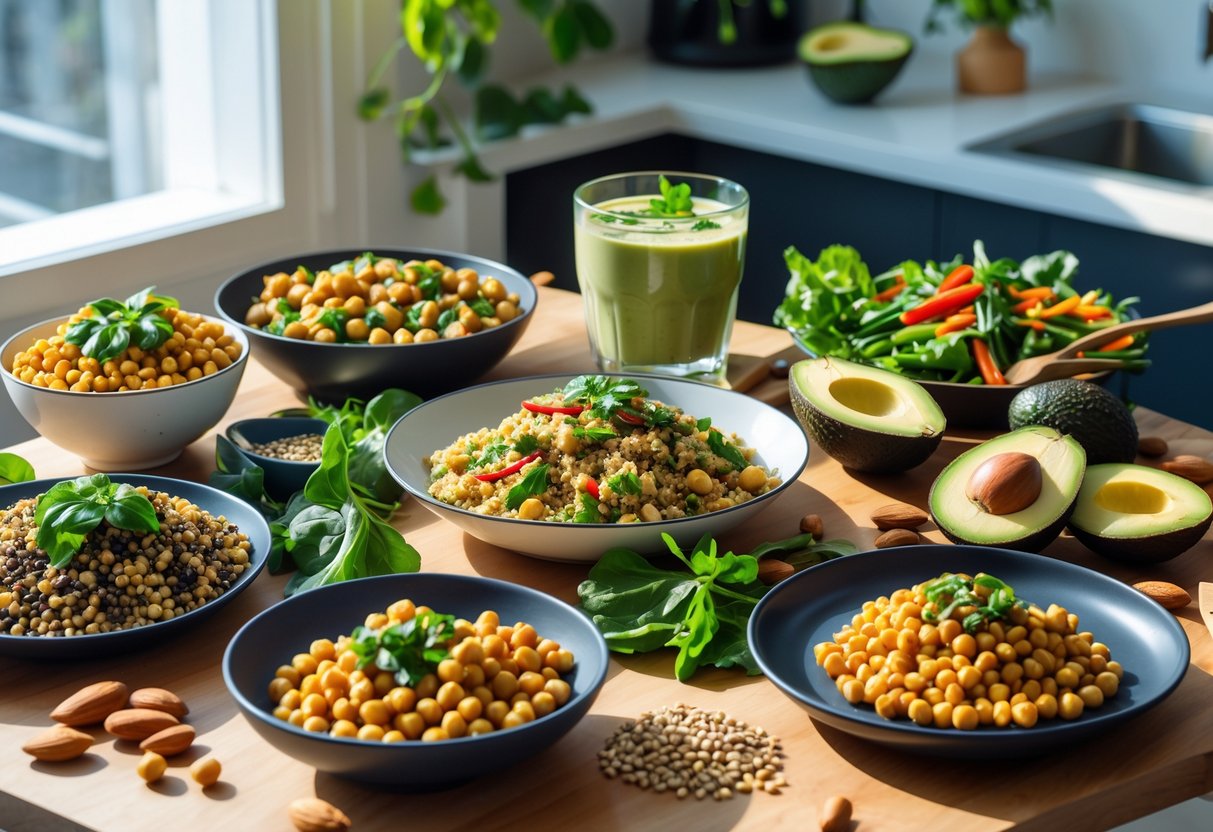 A kitchen table displaying a variety of colourful dairy-free high-protein meals including salads, tofu stir-fry, and smoothies, with fresh ingredients around them.